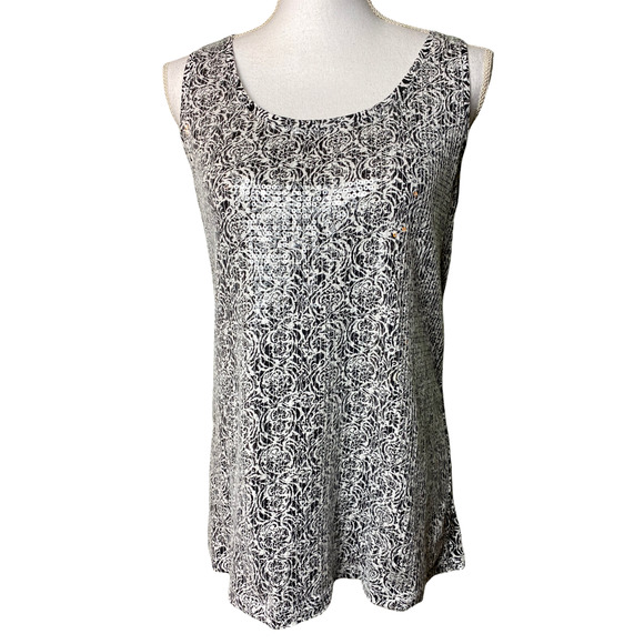 LOFT Tops - Loft Women's Size M White Black Floral Scroll Clear Sequined Front Tank Top